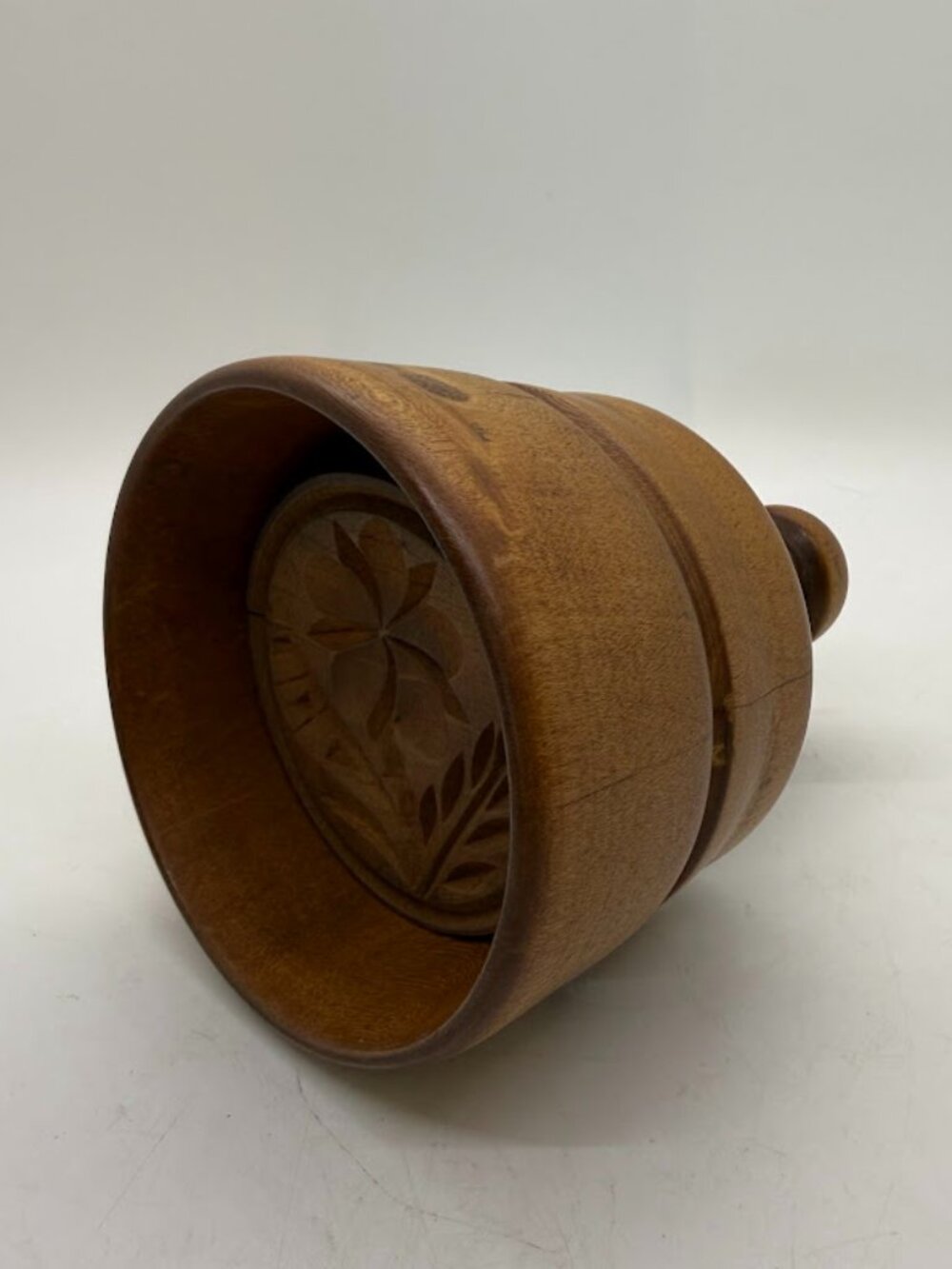 Antique Primitive Wooden Butter Mold Stamp Press Flower Fern Petal Carved 3.75"